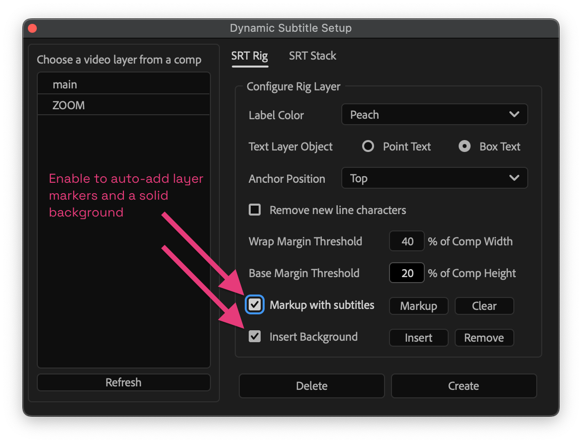 Dynamic Subtitle Setup Window - SRT Rig